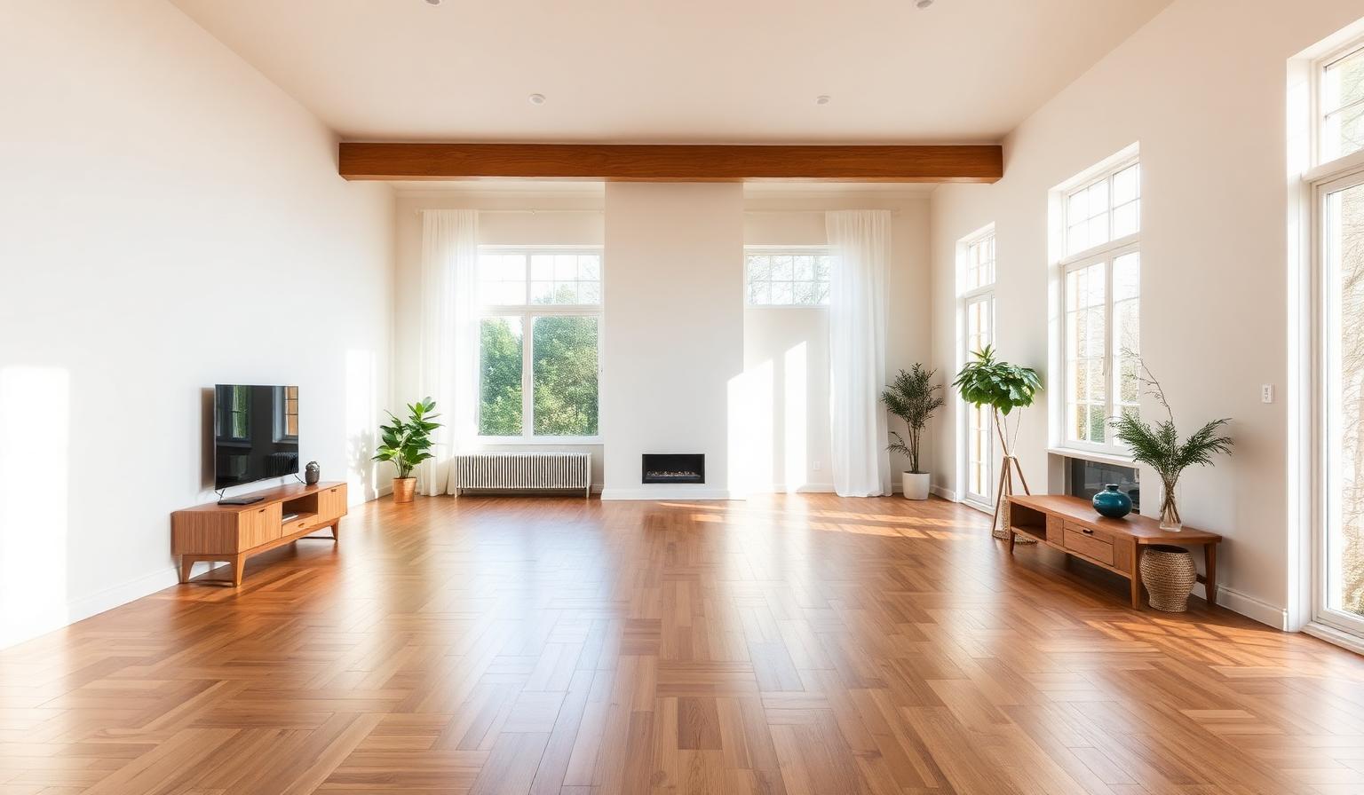 Wide plank hardwood flooring in a bright living room